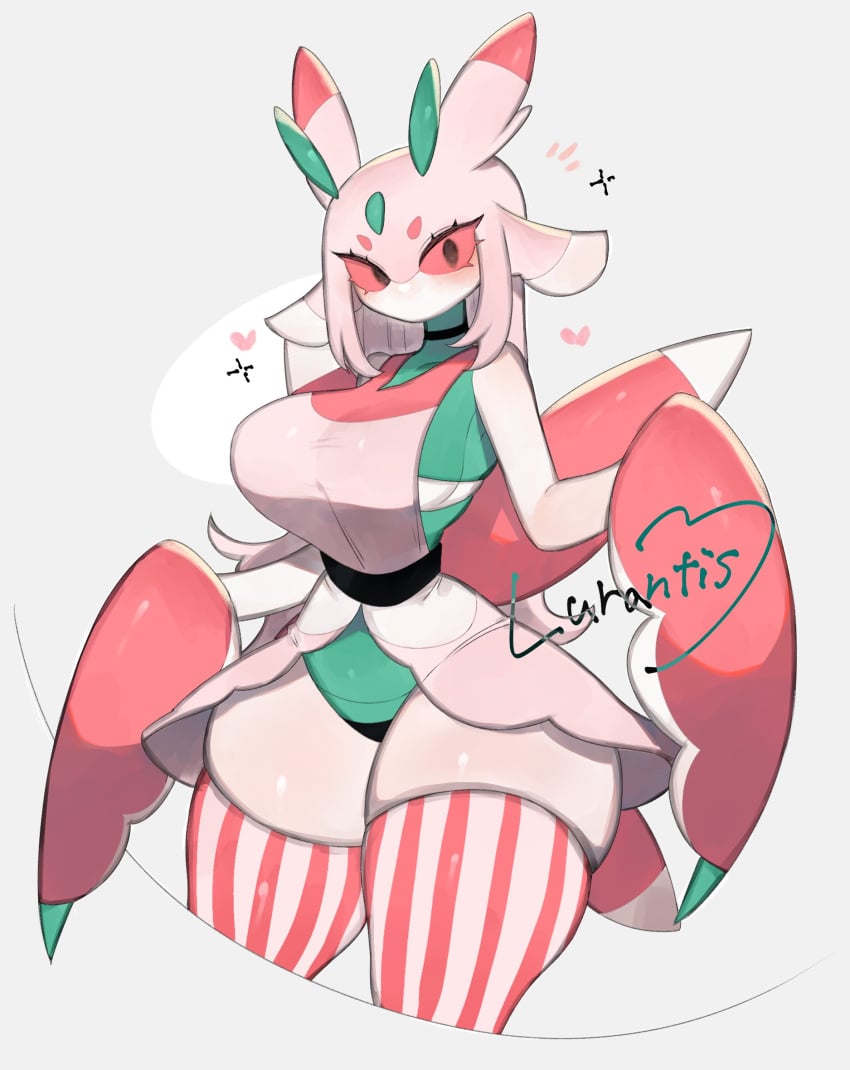 anthro blush generation_7_pokemon heart hi_res looking_at_viewer lurantis mammal nintendo pokemon pokemon_(species) skindentation text thick_thighs toge77789 togetoge white_background wide_hips