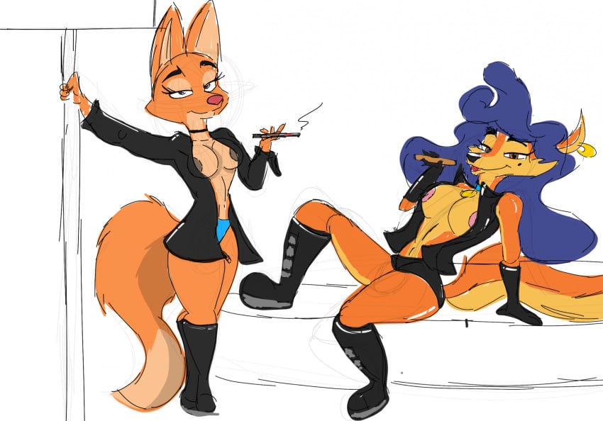 anthro canid canine carmelita_fox diane_foxington dreamworks female fox hi_res jrxt mammal pinup pose sly_cooper_(series) smoking sony_corporation sony_interactive_entertainment sucker_punch_productions the_bad_guys