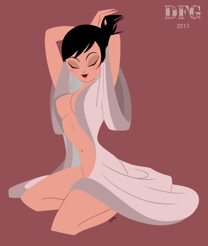 1girls adult_swim ashi_(samurai_jack) daughters_of_aku dragonfoxgirl female happy_female heroine kneeling nude open_robe samurai_jack solo toonami