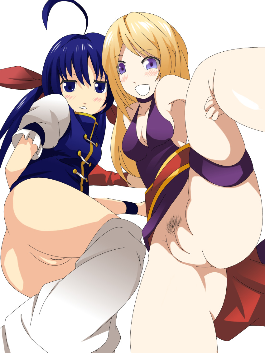 2girls age_difference ass blonde_hair blue_eyes blue_hair blush bonne_jenet breasts cry fatal_fury female garou:_mark_of_the_wolves hotaru_futaba human large_breasts multiple_girls no_panties open_legs pubic_hair pussy smile snk uncensored undressing