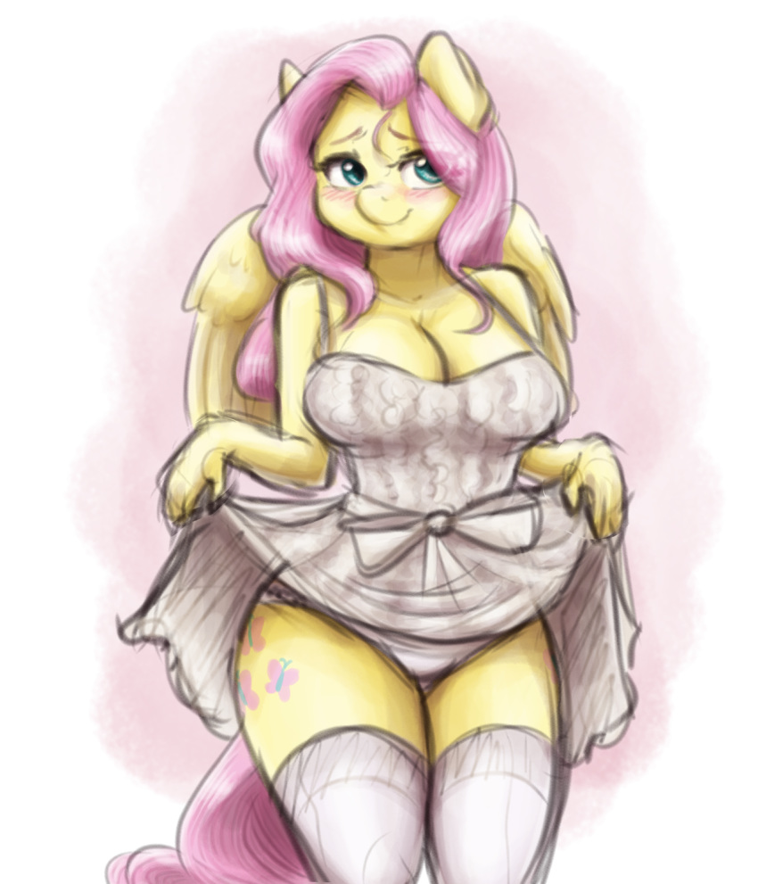 anthro female fluttershy_(mlp) friendship_is_magic kakapo mrscurlystyles my_little_pony nude panties skirt_lift solo straight_hair white_panties