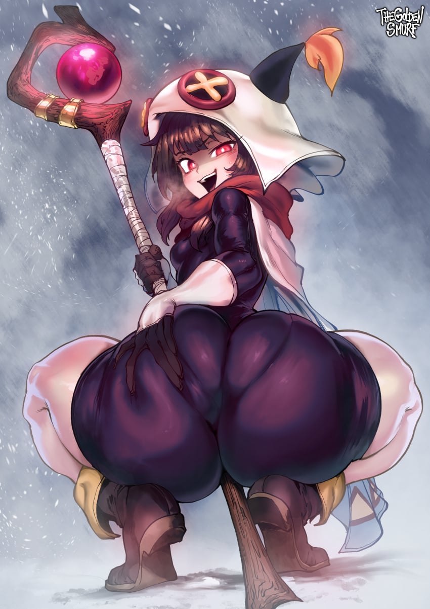 1boy 1girls 2d ass bottom_heavy brown_hair clothed clothed_female female female_focus kono_subarashii_sekai_ni_shukufuku_wo! light-skinned_female light_skin looking_at_viewer looking_back megumin megumin_(winter_outfit) red_eyes shortstack tag tagme thegoldensmurf thighs