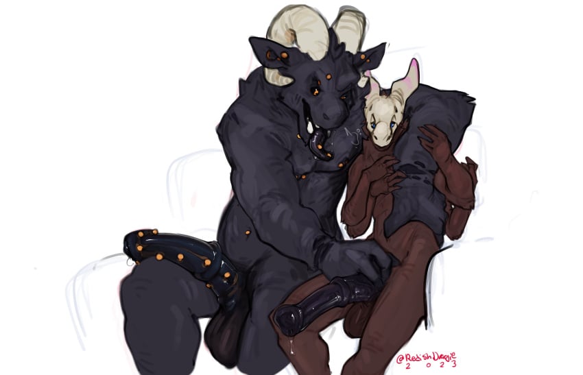 absurd_res anthro anthro_on_anthro black_body black_fur black_sclera blue_eyes bodily_fluids bone bovid brown_body brown_fur caprine claws curved_horn demon dialogue duo ear_piercing facial_piercing father father_and_child father_and_son flared_penis fumus_(carbon-draws) fur genital_fluids genital_piercing genitals hi_res horn incest larger_anthro male male/male male_only mammal multi_arm multi_limb multum nose_piercing parent parent_and_child penis penis_piercing piercing redishdragie ridged_horn scales sex sheep sitting size_difference tuft yaoi yellow_eyes