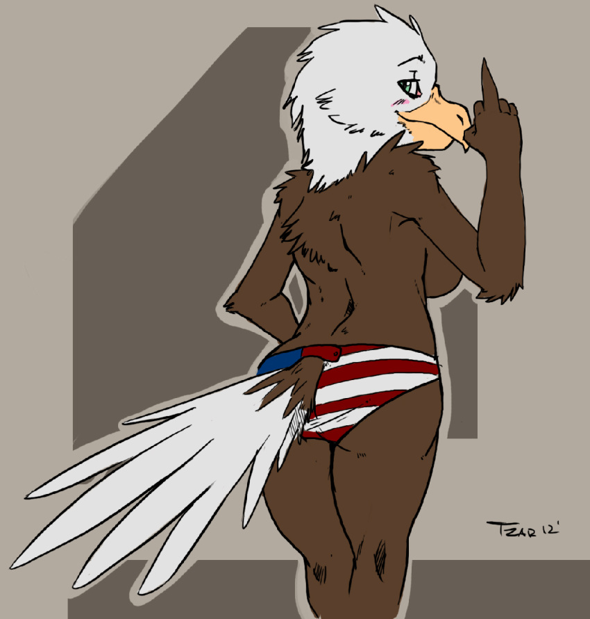 2012 abstract_background american_flag american_flag_bikini anthro ass avian bald_eagle beak bikini bikini_bottom bird blush breasts brown_body brown_feathers clothed clothing eagle feathers female flat_colors furgonomics furry furry_only green_eyes hi_res looking_at_viewer looking_back middle_finger multicolored_body multicolored_feathers non-mammal_breasts panties pinup portrait pose rear_view sideboob simple_background smile solo standing swimsuit tail_button_bottoms tail_clothing tail_feathers three-quarter_portrait topless tzarvolver underwear white_body white_feathers white_tail