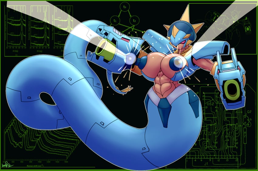 2017 abs areola arm_cannon ber00 big_breasts breasts erect_nipples female lamia large_breasts large_nipples laser laser_tits machine medabots medarot muscles muscular muscular_female nipple_laser nipples red_eyes robot seagaru six_pack solo solo_female tail weaponized_breasts