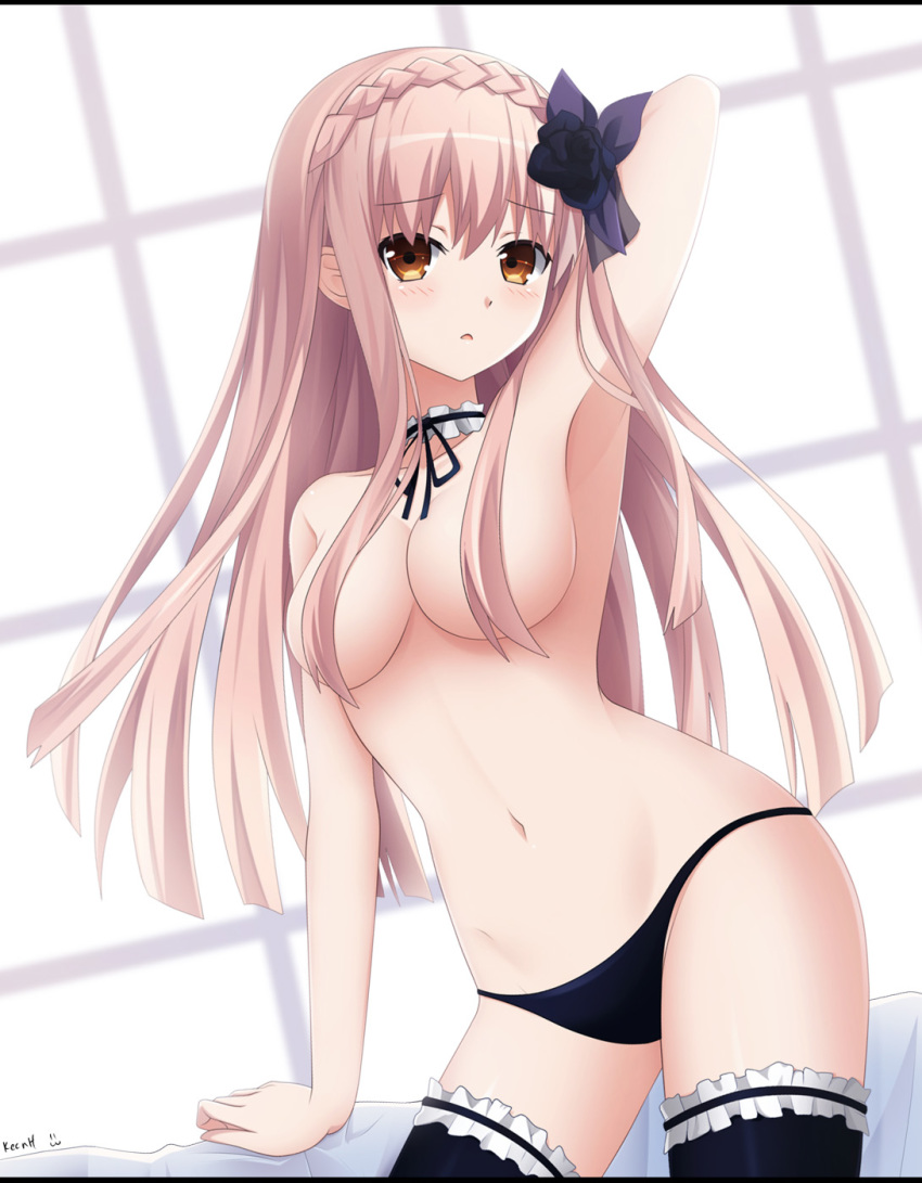 arm_behind_head arm_support armpits bangs black_panties blonde_hair blush braid breasts choker cleavage fairy_fencer_f female french_braid frills hair_ornament hair_over_breasts keenh long_hair looking_at_viewer marianna_(fairy_fencer_f) navel open_mouth panties pose solo thighhighs topless underwear yellow_eyes