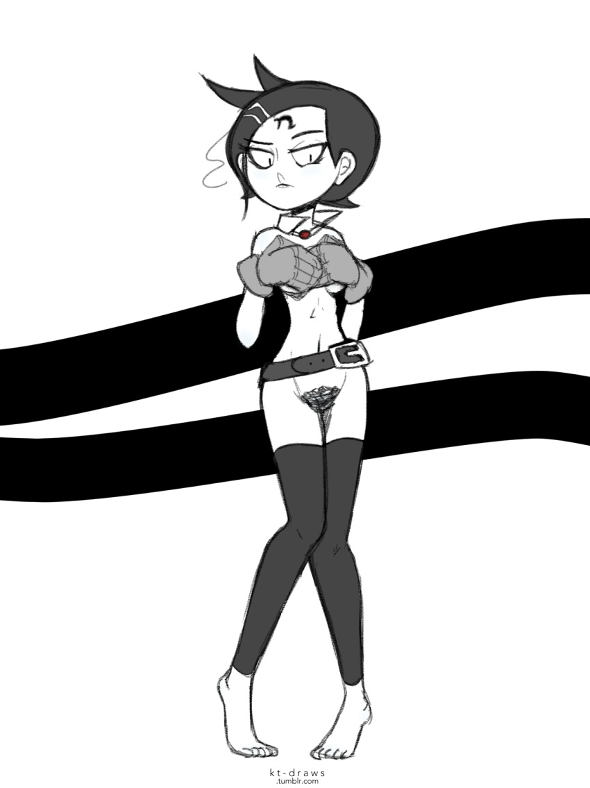 1girls barefoot belt black_eyes black_legwear covering covering_breasts crash_(series) detached_collar female forehead_mark gloves goth hair_ornament hairclip kt-draws nina_cortex pubic_hair short_hair solo standing thighhighs white_skin