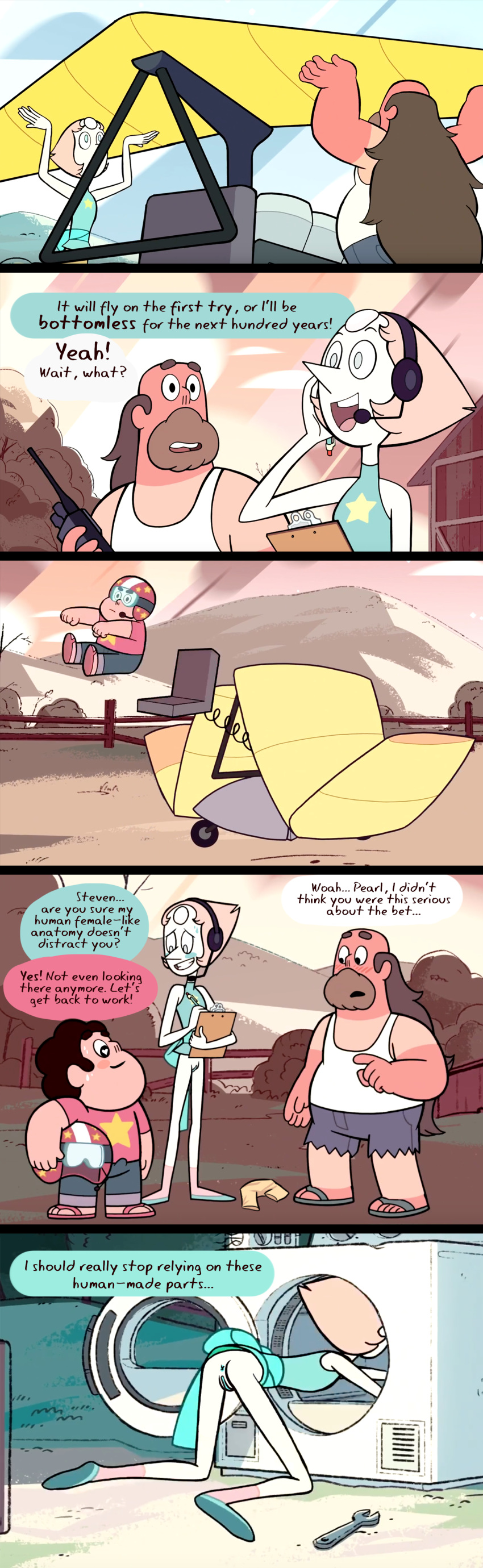 anus blush bottomless cartoon_network clothes comic crystal_gem gem_(species) greg_universe kneeling lelelen male on_all_fours pearl_(steven_universe) pussy space_race_(steven_universe) steven_quartz_universe steven_universe story