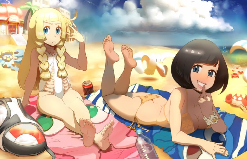 2girls arm_support ass ass_cleavage barefoot beach beach_towel bikini black_hair blonde_hair blue_eyes blush bottle bracelet braid breast_press breasts butt_crack can cleavage cloud day dratini feet feet_up finger_to_mouth flat_ass human human_only idlecil jewelry krabby legendary_pokemon legs_crossed lillie_(pokemon) long_hair looking_at_viewer lying medium_breasts mew middle_finger multiple_girls nintendo on_stomach one-piece_swimsuit piplup pokemon pokemon_(species) pokemon_sm selene_(pokemon) short_hair side-tie_bikini sitting skindentation smile soles squirtle straight_hair swimsuit toe_scrunch toes towel twin_braids water_bottle wavy_mouth wingull