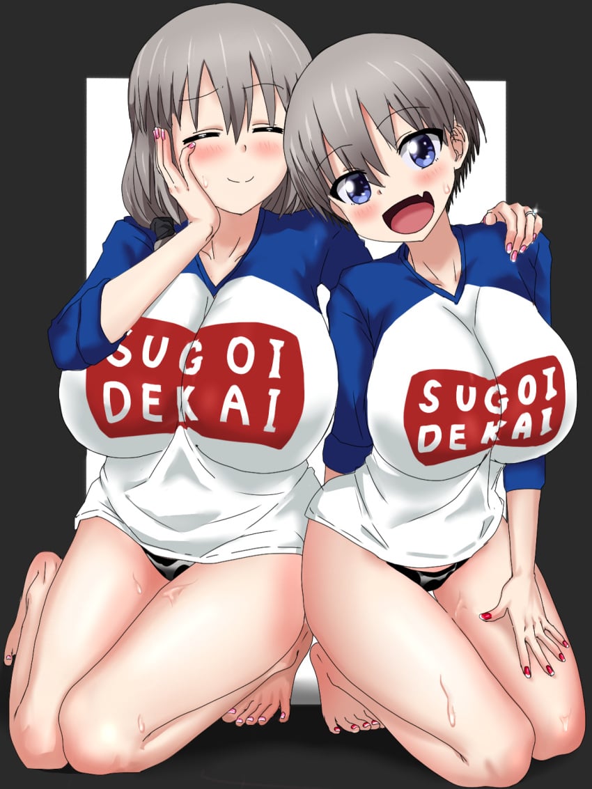 2girls :d aizimpjh animal_print bangs blue_eyes blush breasts chinese_zodiac closed_eyes clothing cow_girl cow_print curvaceous curves daughter eyebrows_visible_through_hair female full_body grey_hair hair_between_eyes hand_on_another's_shoulder hand_on_own_cheek hand_on_own_face high_resolution jewelry kneeling large_breasts leaning_forward looking_at_viewer mature mother mother_and_daughter multiple_girls nail_polish oerba_yun_fang open-mouth_smile open_mouth pink_nails raglan_sleeves red_nails ring shirt short_hair simple_background sitting skin_fang smile squatting standing sugoi_dekai text_on_clothes uzaki-chan_wa_asobitai! uzaki_hana uzaki_tsuki wedding_band wedding_ring