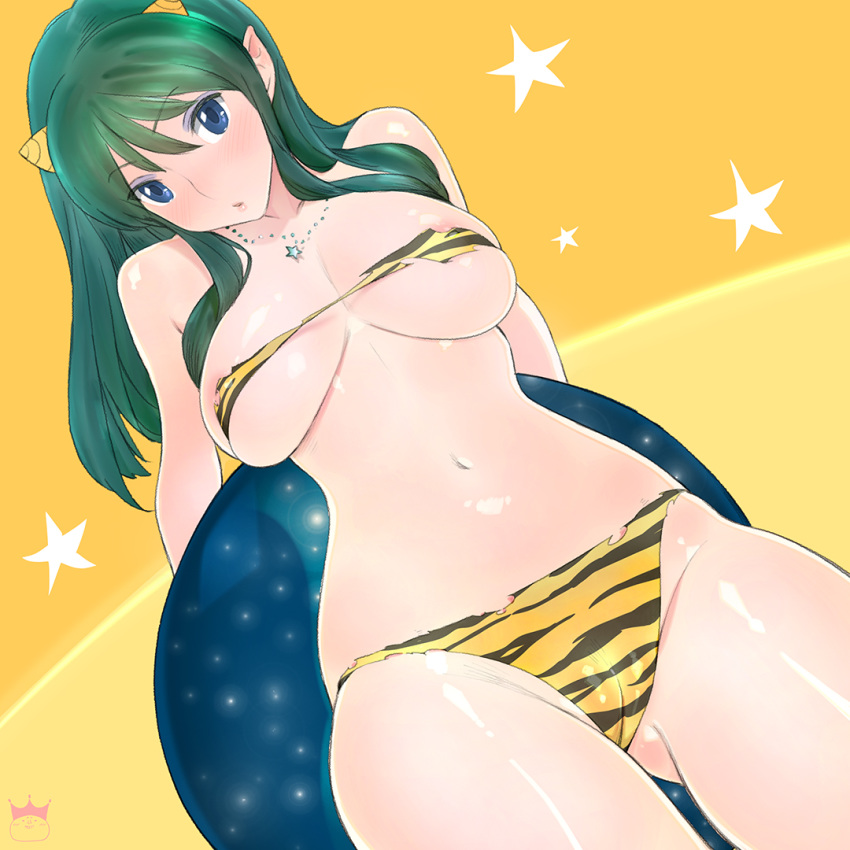 1girls 2017 bikini blue_eyes breasts cameltoe cleavage female female_only green_hair horns humanoid large_breasts long_hair looking_at_viewer lum oni oni_horns pale-skinned_female pale_skin panties pink_crown pointy_ears princess solo urusei_yatsura