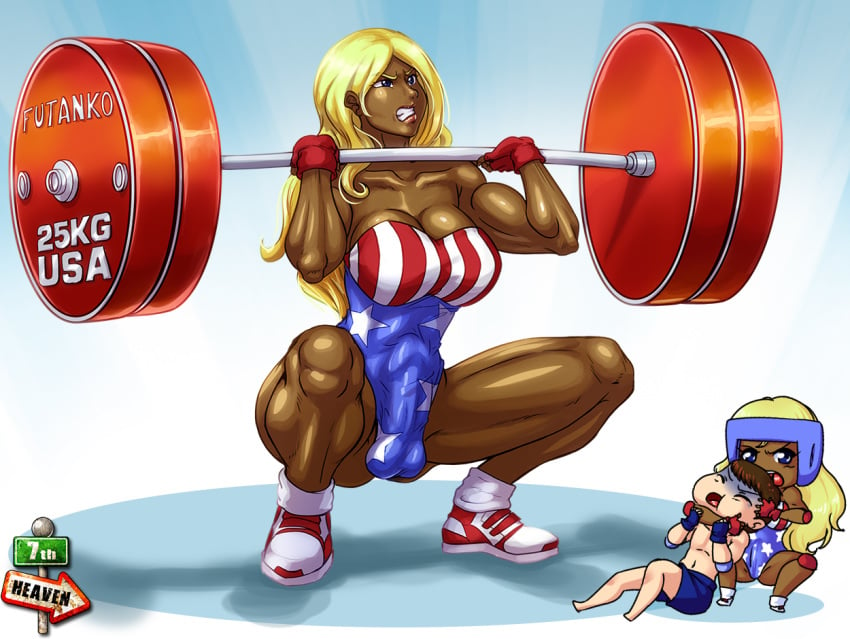 1boy 1futa 7th-heaven american_flag balls barbell blonde_hair breasts busty clean_and_jerk cleavage dark-skinned_futanari dark_skin eek!_the_cat exercise female futa_with_male futanari headlock intersex leotard leotard_aside male mixed_wrestling muscle muscular_futanari penis platinum_(eek_the_cat) strong testicles voluptuous wrestling wrestling_outfit