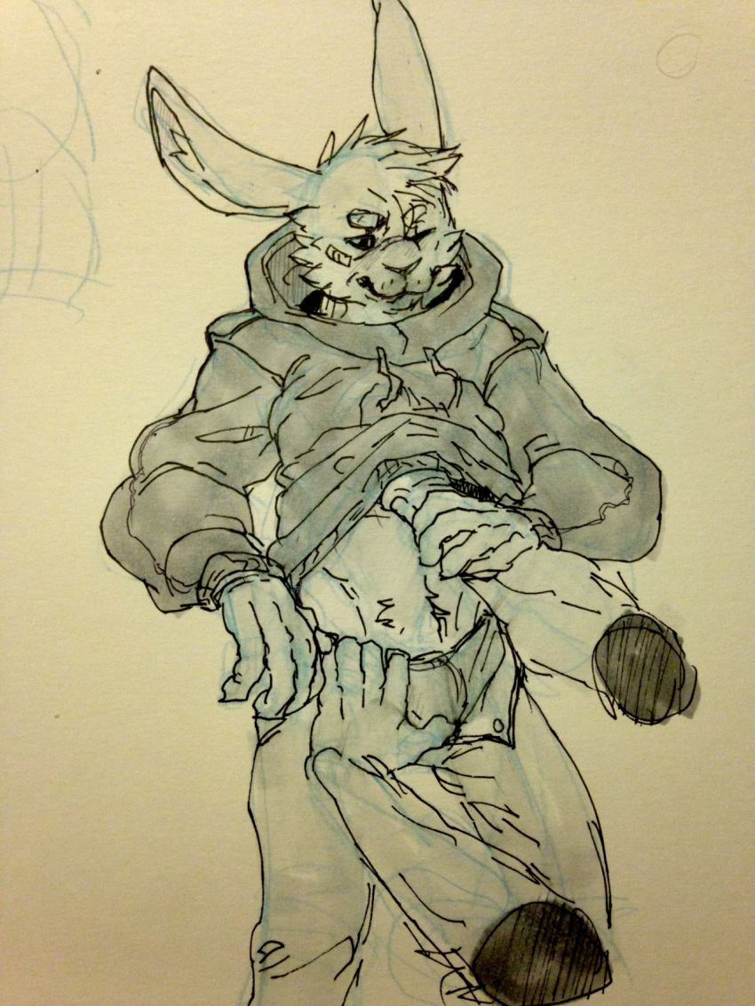 anthro band-aid bandage briefs clothed clothing clothing_lift disembodied_hand grope hi_res hoodie lagomorph male male_only mammal midriff monochrome navel one_eye_closed open_pants pencil_(artwork) rabbit resisting shirt shirt_lift sketch solo_focus stoney traditional_media_(artwork) tzarvolver underwear