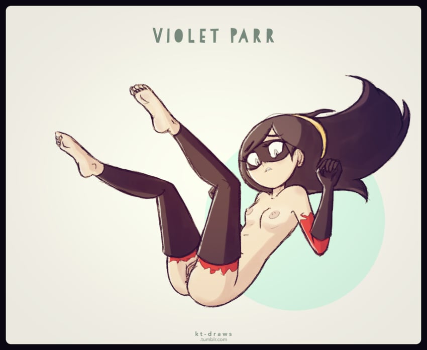 ass barefoot black_hair breasts disney female gloves kt-draws long_hair mask nipples nude pixar pussy solo straight_hair the_incredibles thighhighs torn_clothes violet_parr white_background