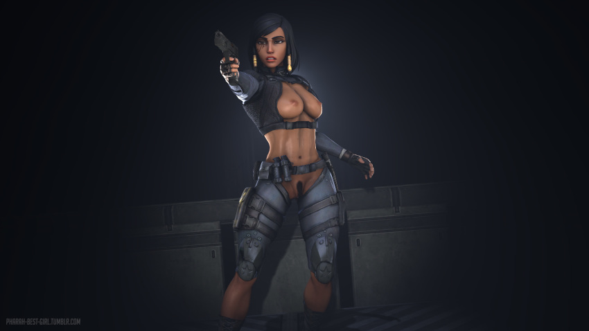 16:9 3d abs belt black_eyes black_hair boots breasts dark-skinned_female dark_skin female firing highres holding_gun medium_breasts muscles muscular muscular_female overwatch pharah pharah-best-girl pubic_hair source_filmmaker
