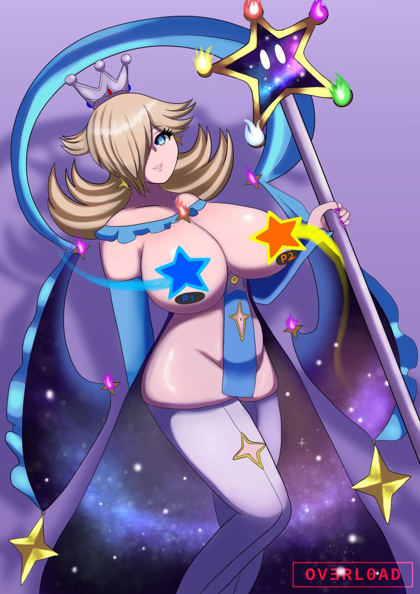 1girls arm_warmers big_breasts blonde_hair blue_eyes colored_fire covering_crotch covering_nipples crown earrings female fire galaxy goddess_rosalina_(awesomeerix) hair_over_one_eye huge_breasts mario_(series) nintendo ov3rl0ad princess_rosalina solo solo_female star_censor star_pupils super_mario_galaxy thighhighs thighs video_games