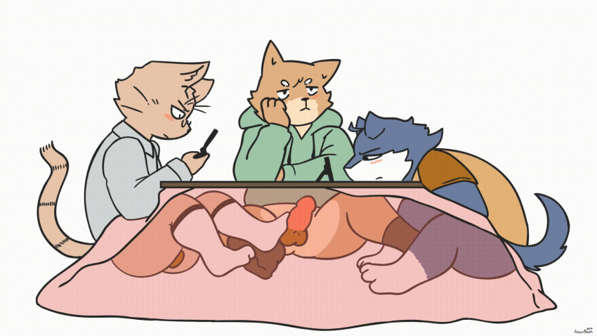 3boys animated anthro astroblush balls blue_fur blush bottomless brown_fur canine cellphone erection eye_contact eyewear feline foot_fetish footjob frown fur furry gay glasses group highres humanoid_penis male male_only mammal penis phone sex sheeporwolf simple_background sitting socks stealth_sex sweater thighhighs under_covers white_background white_fur yaoi