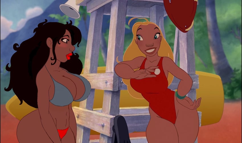 2girls big_lips bikini bimbo bimbofication black_hair blonde_hair blush breasts casual cleavage dark-skinned_female dark_skin disney edit eyeshadow human lifeguard lifeguard_(lilo_and_stitch) lilo_and_stitch lipstick makeup nani_pelekai public rescue_buoy screenshot screenshot_edit swimsuit tagme voluptuous wristwatch wristwear