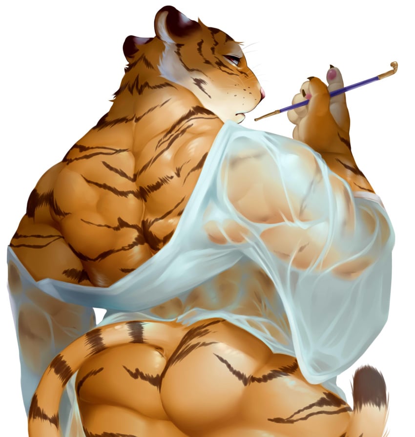 2017 anthro ass back_muscles biceps big_muscles black_fur brown_eyes claws feline fur half-length_portrait hi_res kiseru looking_at_viewer looking_back male male_only mammal mostly_nude muscular muscular_male orange_fur pipe portrait raised_arm rear_view sheeporwolf simple_background smoking smoking_pipe solo standing stripes tiger white_background white_fur