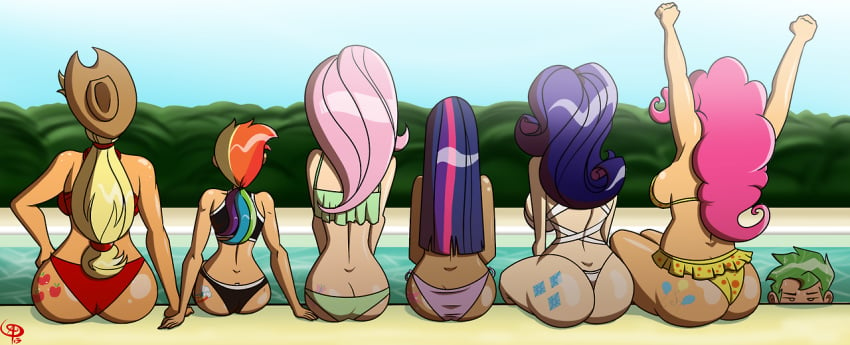 1boy 2013 6girls applejack_(mlp) ass back_view bikini dark-skinned_female dark_skin discovery_family fluttershy_(mlp) friendship_is_magic frostbiteboi hasbro human human_only humanized mane_six mane_six_(mlp) multiple_females my_little_pony pinkie_pie_(mlp) rainbow_dash_(mlp) rarity_(mlp) sitting smooth_skin spike spike_(mlp) thong twilight_sparkle_(mlp)