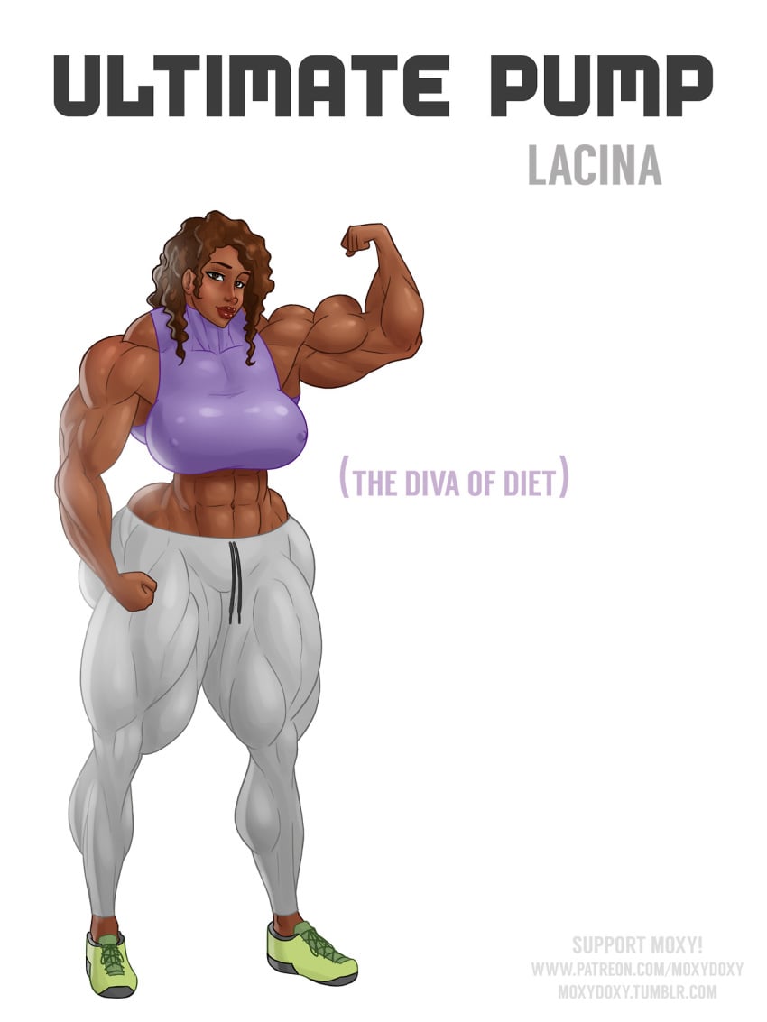 abs biceps breasts brown_eyes brown_hair brown_skin female flexing hyper_muscles large_breasts moxydoxy muscles muscular_female sneakers solo ultimate_pump