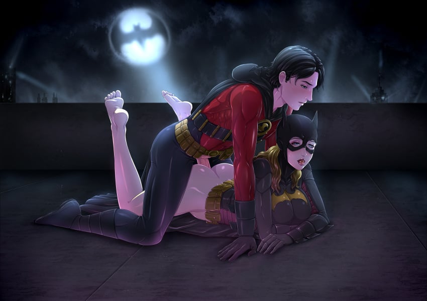 1boy 1girls anal ass barefoot batgirl batgirl_(stephanie_brown) batman_(series) black_hair blonde_hair blue_eyes boots bottomless canon_couple costume cowgirl_position dc dc_comics duo feet female femsub human isaii large_penis male maledom mask night outside penetration penis red_robin rooftop stephanie_brown straight tim_drake toes wet