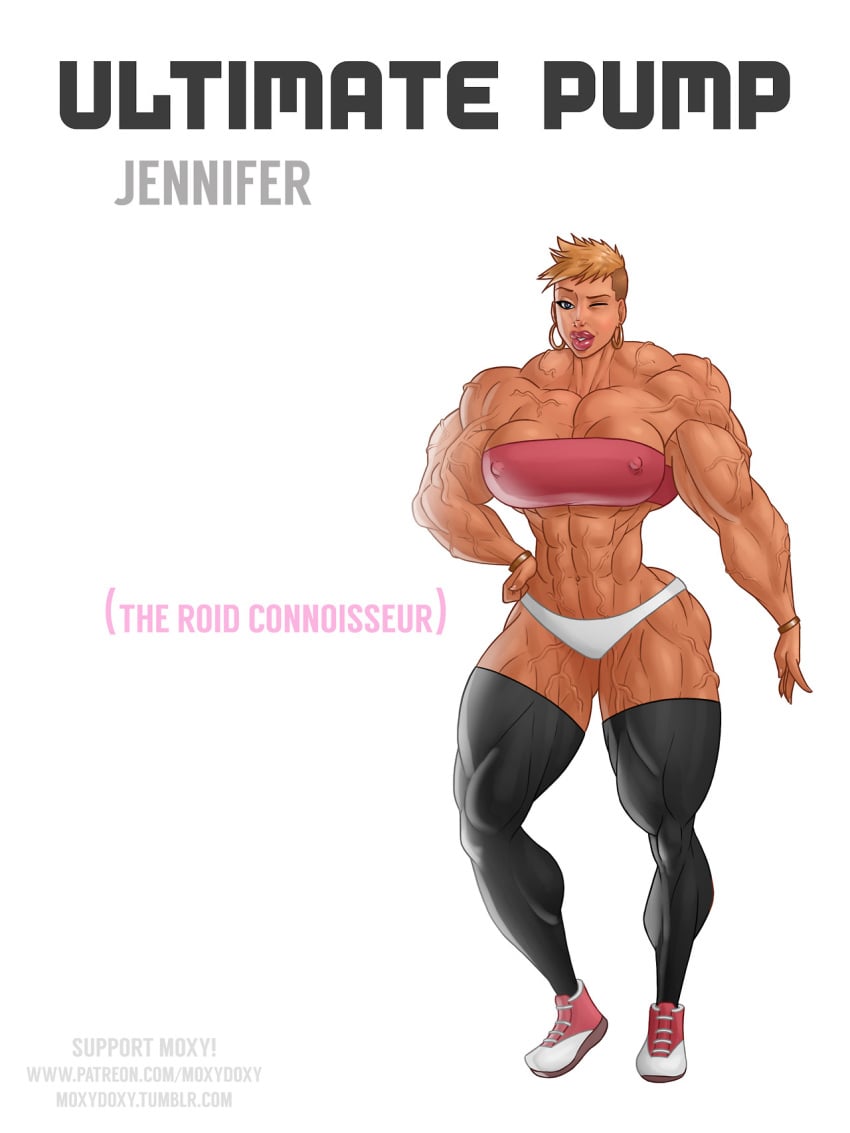 abs blonde_hair blue_eyes breasts earrings extreme_muscles female hyper_muscles moxydoxy muscles muscular_female sneakers solo ultimate_pump veins