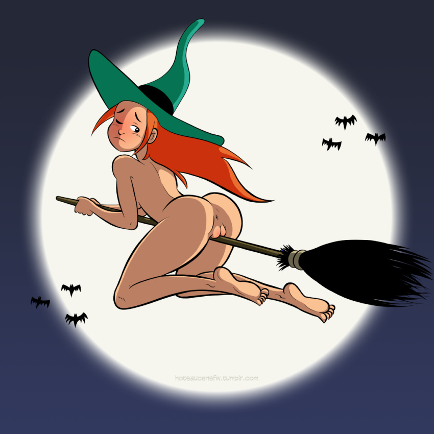 anus barefoot bats broom feet female female_only headwear hotsaucensfw human melusine_(spirou_magazine) moon orange_hair pale_skin red_hair riding_broom soles spirou_magazine toes witch