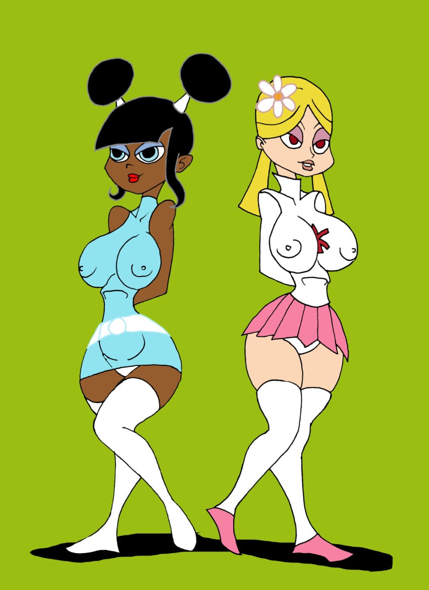 2girls aged_up arms_behind_back bad_anatomy bambi_(robotboy) bare_shoulders belt big_breasts black_hair blonde_hair blue_dress blue_eyes brown_skin busty caglioro3666 cartoon_network cheerleader cleavage curvy dress duo erect_nipple erect_nipples eyeshadow female female_only flower footwear front_view hair_ornament hand_behind_back hands_behind_back hourglass_figure human legwear lipstick lola_mbola looking_at_viewer makeup miniskirt multiple_females multiple_girls nipple_bulge odango older panties pantyshot pantyshot_(standing) pink_skirt pose posing red_eyes red_lipstick robotboy shoes short_hair simple_background skirt standing stockings tied_hair twintails underwear voluptuous white_footwear white_legwear white_panties white_stockings wide_hips yellow_hair yuri