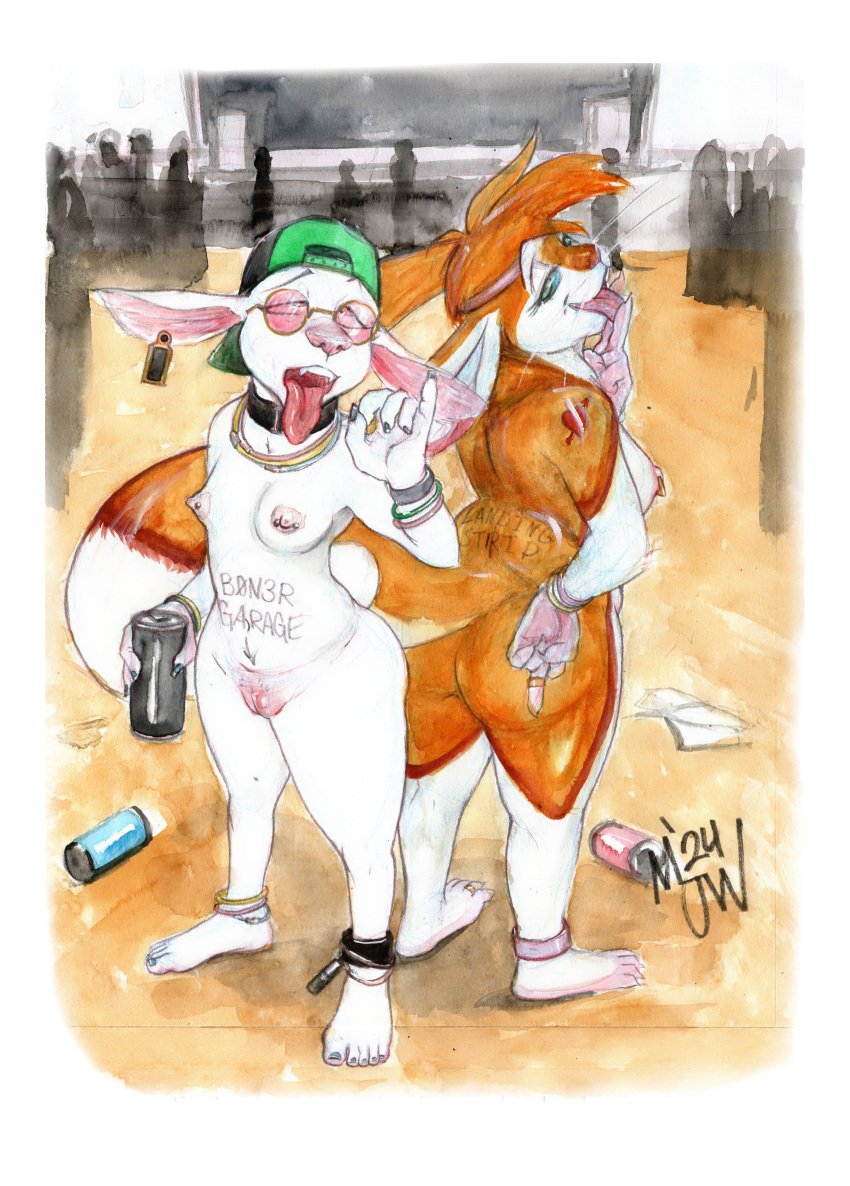 2024 4_toes 5_fingers 5_toes absurd_res ahe_gao alcohol anklet anthro arm_tattoo arrow_through_heart back_to_back backwards_baseball_cap backwards_hat baseball_cap beverage big_ears big_tail blue_nails blue_sclera body_writing bovid bracelet canid canine canned_drink caprine choker clothing colored colored_nails cross-eyed detailed_background digit_ring duo ear_piercing ear_tag erect_nipples eyebrows eyewear fangs feet fellatio_gesture female female/female fingers fluffy fluffy_tail fur genitals gesture glasses glow_bracelet glow_necklace green_eyes hand_gesture hat headgear headwear heart_tattoo hi_res hybrid jewelry kiva_(mjw_darkmode) looking_at_viewer looking_pleasured looking_up mammal manicure middle_finger mjw_darkmode mouse murid murine nails necklace nipple_piercing nipples nude nude_anthro nude_female orange_body orange_fur party pedicure piercing pink_eyes pink_pussy pussy ring rodent scut_tail shadowy_figure sheep short_tail shoulder_tattoo signature suggestive suggestive_gesture tail tan_floor tattoo teeth tinted_glasses toe_ring toes tongue tongue_between_fingers tongue_out traditional_media_(artwork) trash white_body white_fur