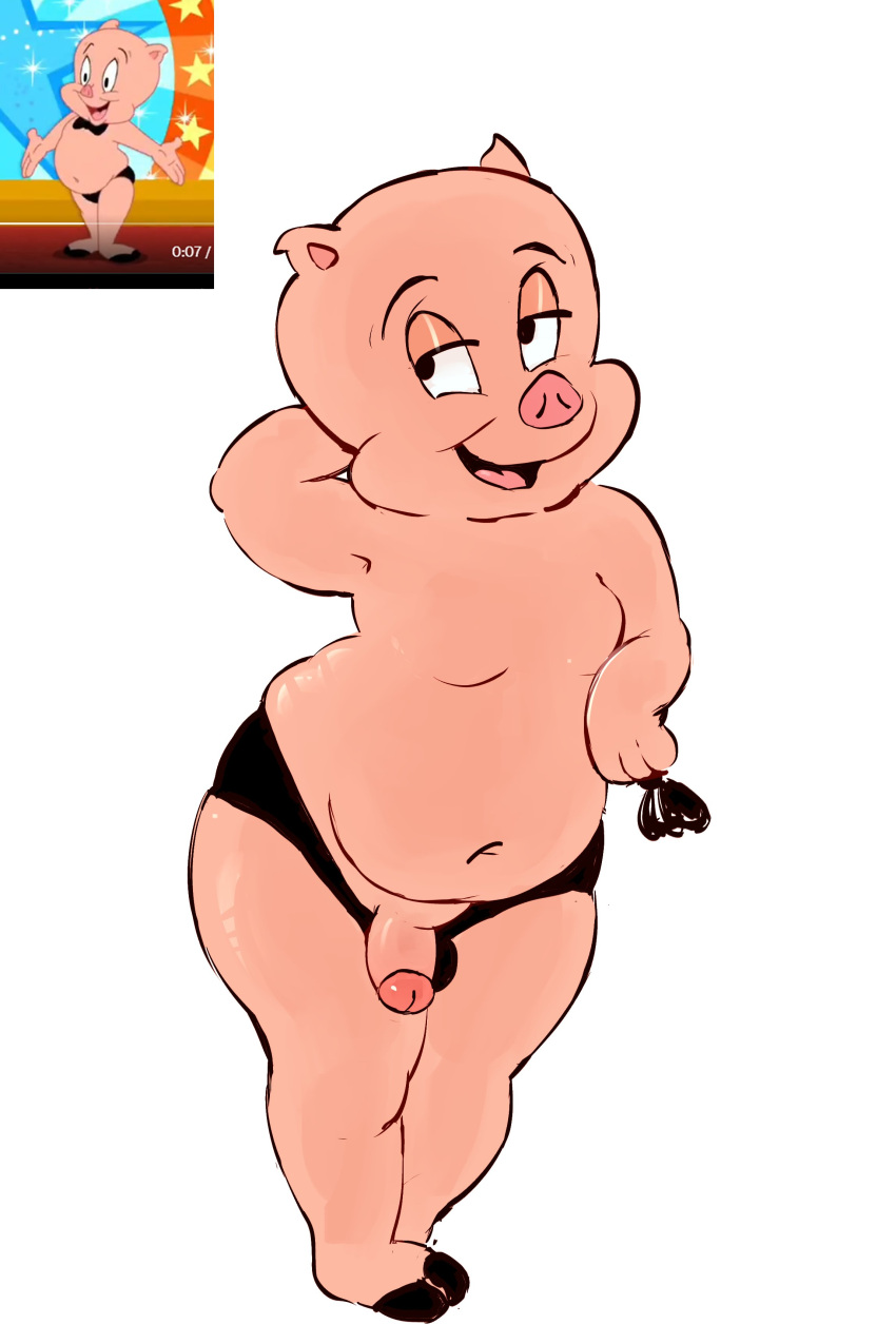absurd_res anthro bedroom_eyes bow_tie clothing domestic_pig freakpaws genitals hi_res looking_at_viewer looney_tunes male mammal narrowed_eyes nude penis porky_pig presenting presenting_penis seductive solo solo_male speedo suid suine sus_(pig) swimwear underwear warner_brothers