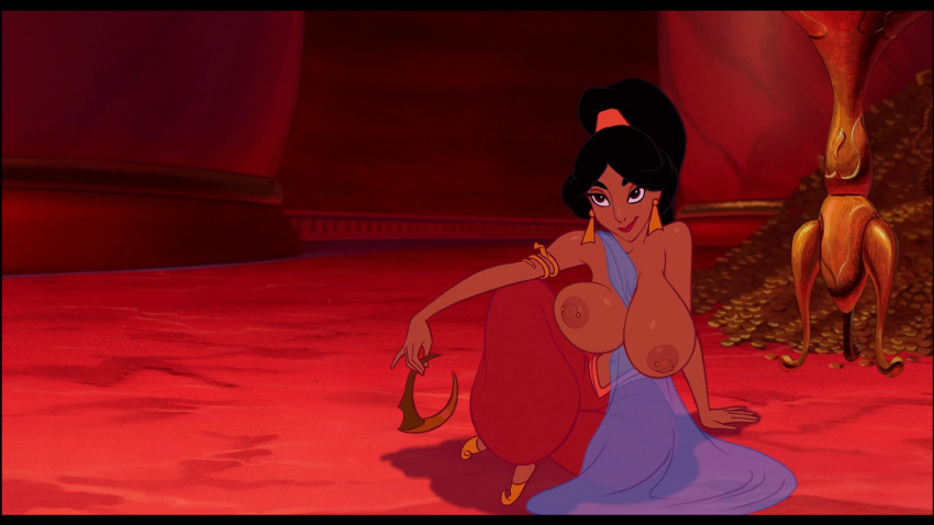 accurate_art_style aladdin areolae armlet between_breasts black_hair body_piercing breasts clothes_between_breasts dark-skinned_female dark_skin disney disney_princess earrings edit editfag evil_queen_jasmine female female_only huge_breasts human indoors jafar_harem_outfit lipstick long_hair looking_up nipple_piercing nipples no_bra on_floor piercing ponytail princess princess_jasmine puffy_nipples screenshot screenshot_edit sitting smile smirk solo topless