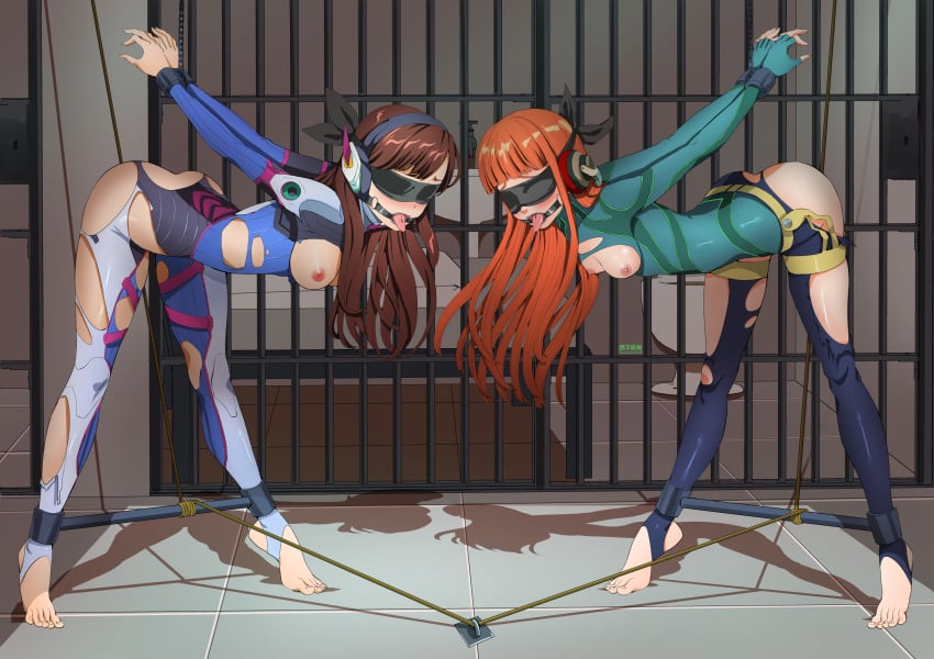 2d 2d_(artwork) apocalipsejack arms_behind_back ass atlus bent_over blindfold blizzard_entertainment blush bondage bound bound_together breasts breasts_out brown_hair captured d.va female female_focus female_only femsub gag gagged gagged_female headphones human human_only light-skinned_female light_skin orange_hair overwatch overwatch_2 persona persona_5 persona_5_royal ring_gag sakura_futaba spread_legs thick_thighs torn_clothes torn_clothing