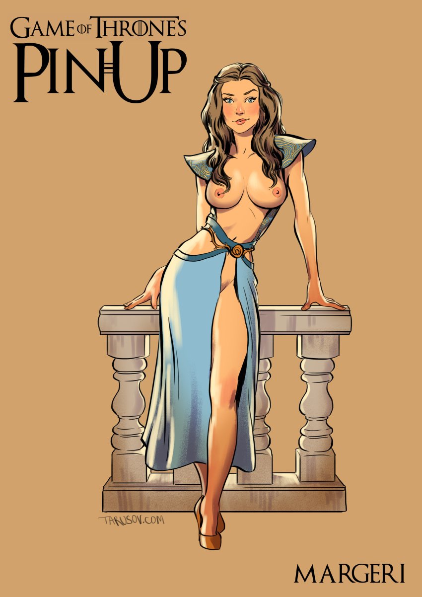 a_song_of_ice_and_fire andrew_tarusov artist_name belly blue_eyes breastless_clothes breasts brown_hair character_name copyright_name dress english english_text feet female female_only footwear game_of_thrones high_resolution hips human legs long_hair looking_at_viewer margaery_tyrell medium_breasts navel nipples pinup shoes signature simple_background solo standing stomach text thighs very_high_resolution