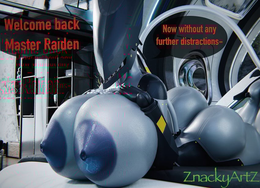 absurd_res anthro areola ass bed bedroom big_areola big_breasts big_butt black_body blade_wolf blender_(artwork) blender_cycles breasts digital_media_(artwork) dododragon56 english_text erect_nipples female furniture grey_body grey_nipples hand_on_breast hi_res huge_breasts huge_butt konami legs_up lying machine metal metal_gear metallic_body nipples on_front raised_tail robot robot_anthro silver_body small_waist solo tail teeth text thick_thighs znackyartz