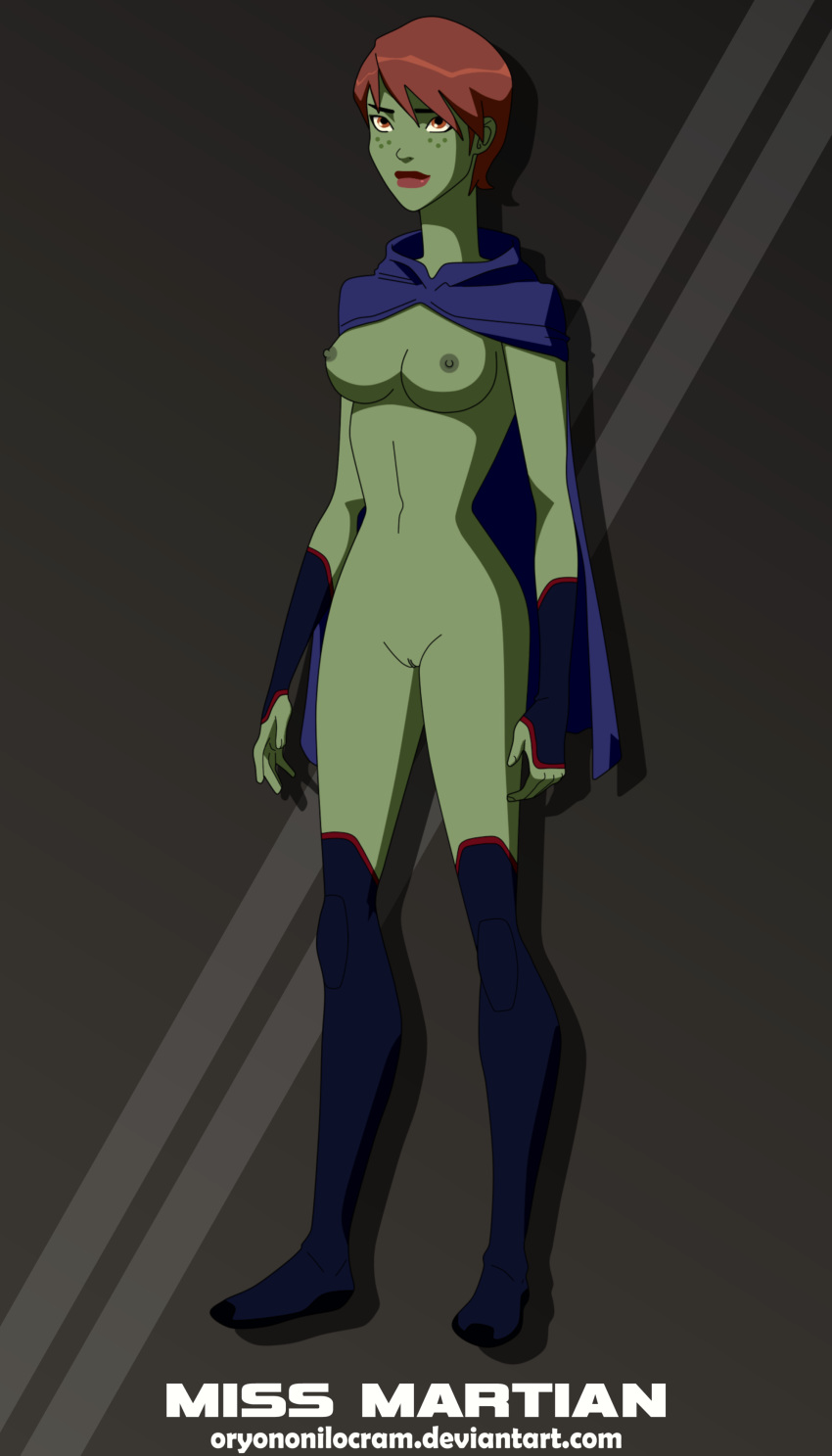 1girls accurate_art_style alien alien_girl alien_humanoid boots breasts cape cartoon_network cloak dc dc_comics earth_16 female freckles functionally_nude green_skin justice_league m'gann_m'orzz martian medium_breasts megan_morse miss_martian naked_cloak nude orange_eyes oryononilocram partially_nude pussy red_hair red_lipstick redhead short_hair solo superheroine young_justice young_justice:_invasion young_justice_(cartoon)