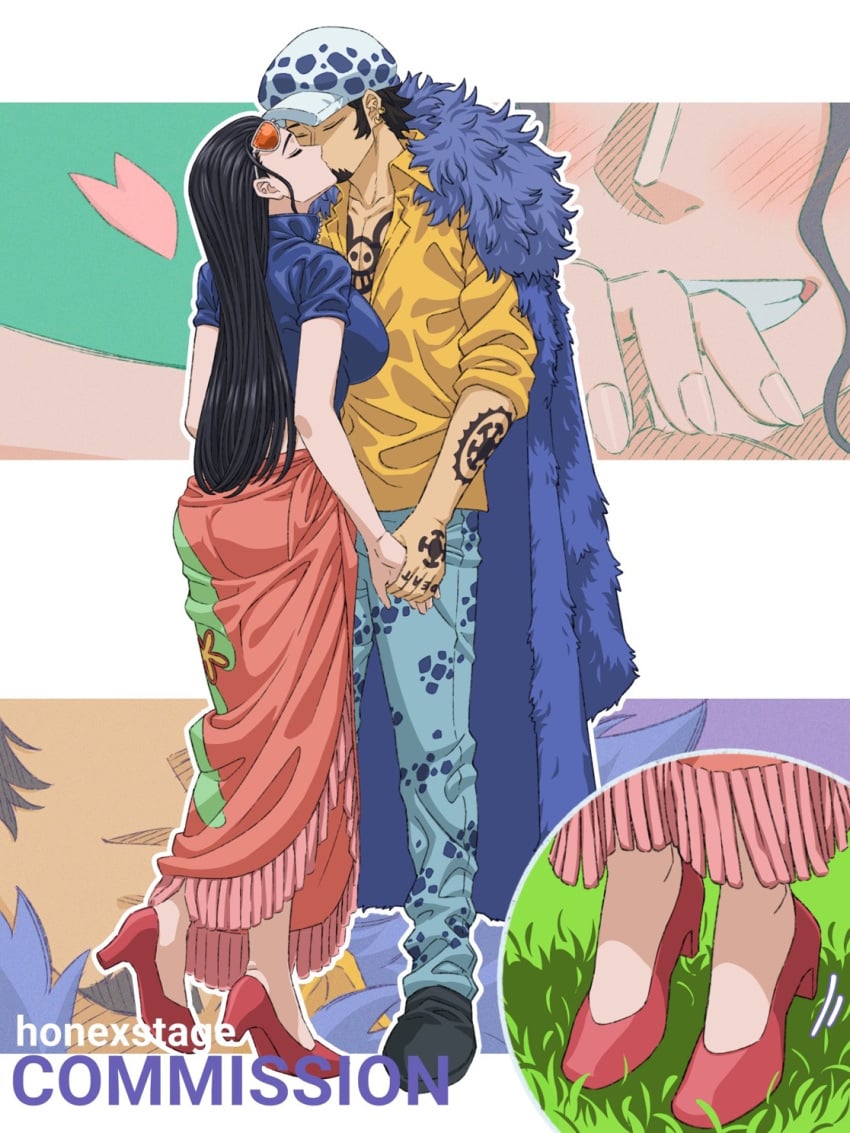 archeologist blue_jacket closed_eyes clothing doctor female flower_pattern heart_shaped_tattoo holding_hands honexstage jacket_on_shoulders kissing long_hair male nico_robin not_porn one_piece passionate_kiss pink_skirt pirate safe_for_work sfw standing_on_toes sunglasses_on_head tattoo trafalgar_law wholesome