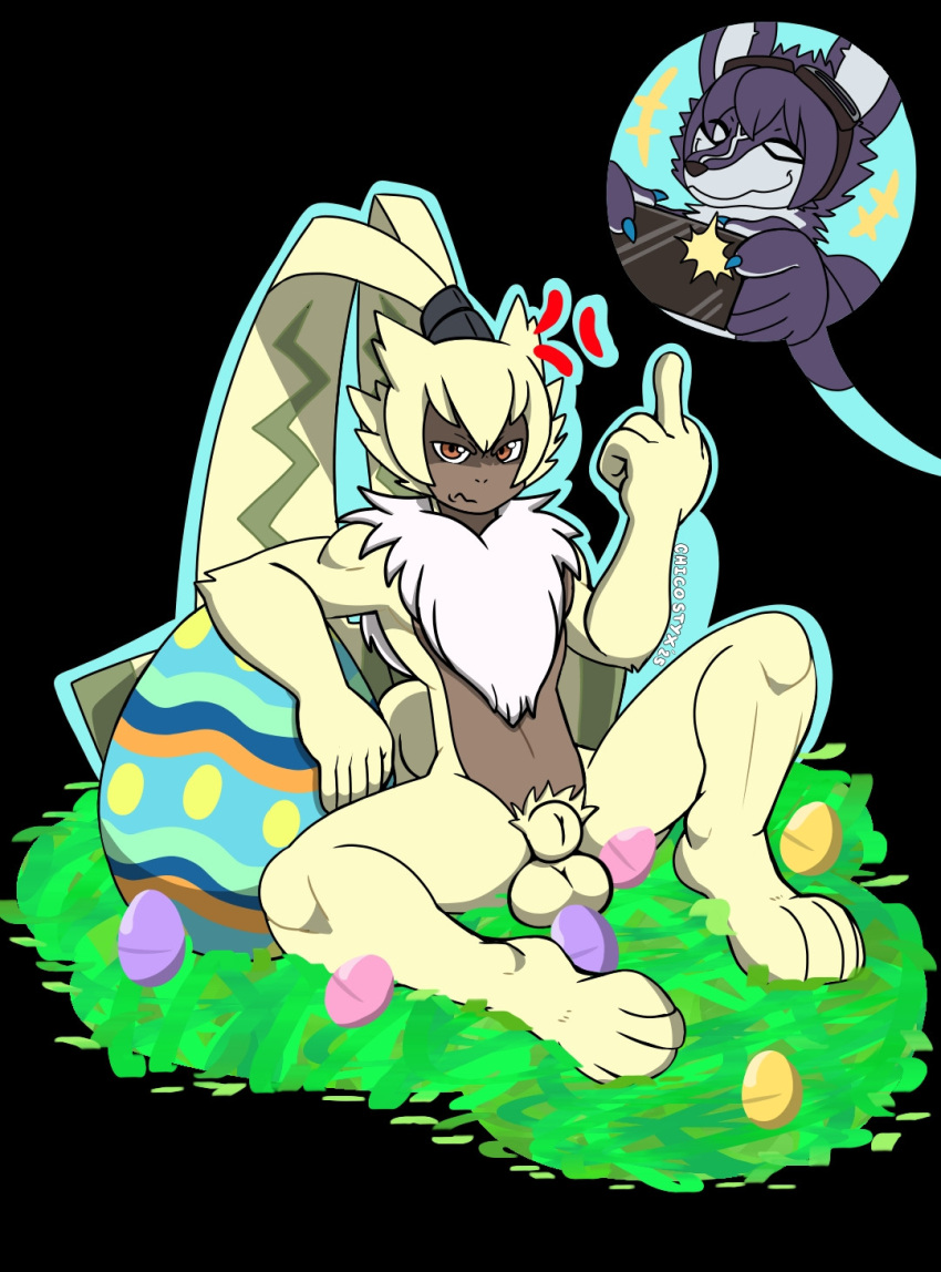 animal_genitalia annoyed anthro appmon_(species) balls bandai_namco blue_body blue_fur cellphone chicostyx cross-popping_vein digimon digimon_(species) duo easter easter_egg electronics fully_sheathed fur genitals gesture hand_gesture hi_res holidays male male/male middle_finger nude orange_eyes phone photographing_another sheath shutmon smartphone symbareangoramon yellow_body yellow_fur