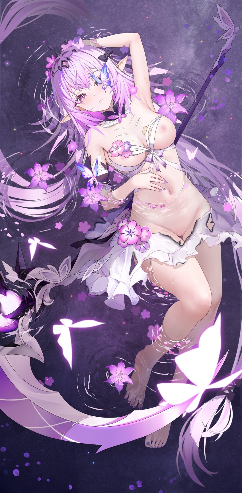 absurdres adapted_costume arm_up armpits bare_legs bare_shoulders barefoot blhazx bra breasts bright_pupils bug butterfly castorice_(honkai:_star_rail) cleft_of_venus commentary female flower from_above full_body groin hand_on_own_stomach highres honkai:_star_rail honkai_(series) knee_up large_breasts legs long_hair looking_at_viewer lying nail_polish navel nipples no_gloves on_back parted_lips partially_submerged pointy_ears purple_butterfly purple_eyes purple_flower purple_hair purple_nails pussy ripples scythe sidelocks skirt solo stomach toenail_polish toenails toes underwear variant_set very_long_hair water weapon white_bra white_pupils white_skirt