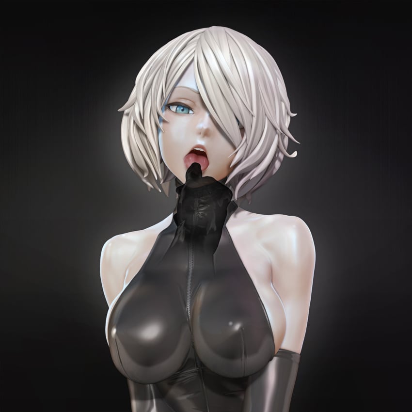 1girls 3d ambiguous_gender big_breasts bodysuit breasts cleavage disembodied_hand female female_only gloves hair_over_one_eye large_breasts latex leslyzerosix looking_at_viewer nier nier:_automata open_mouth pov short_hair solo thighhighs tongue tongue_grab tongue_out yorha_2b