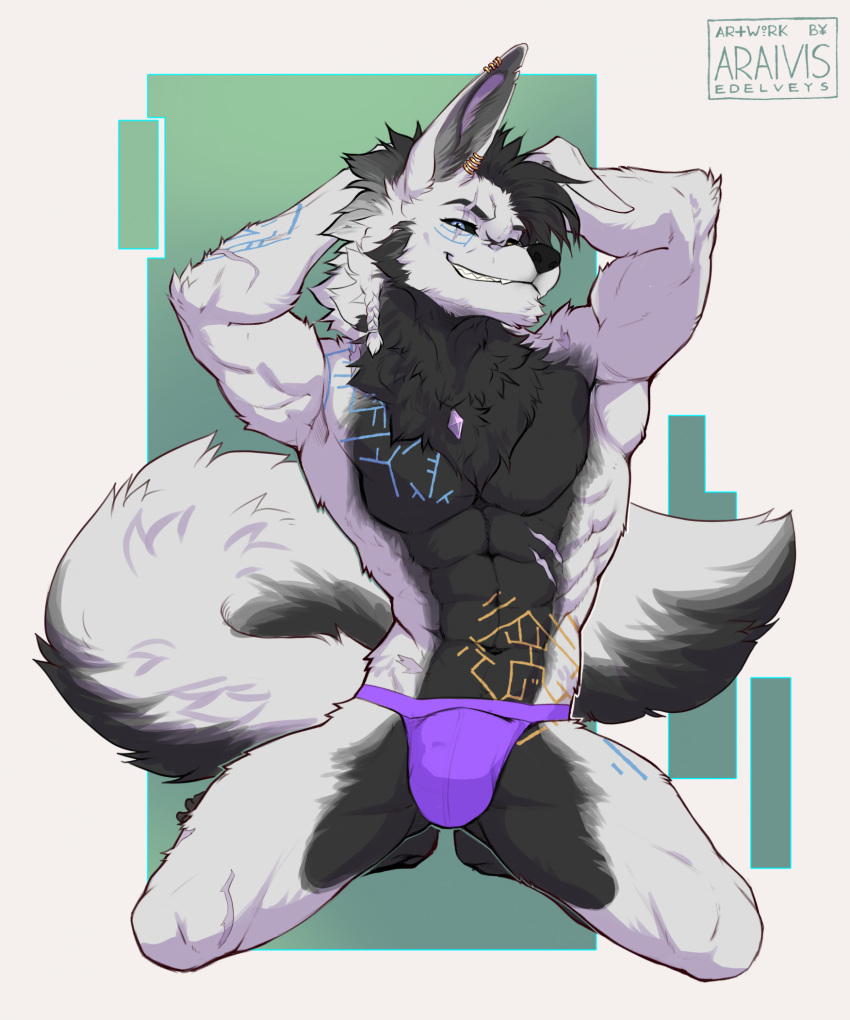 2025 abs anthro araivis-edelveys black_sclera blue_eyes bulge canid canine canis clenching clothed clothed_anthro clothed_male clothing countershade_torso countershading digital_media_(artwork) ear_piercing front_view fur grey_hair hair hi_res inner_ear_fluff kneeling looking_at_viewer male mammal navel oakleythewolf partially_clothed partially_clothed_anthro partially_clothed_male piercing simple_background smile solo tail topless topless_anthro topless_male tuft underwear underwear_only white_body white_fur white_tail wolf