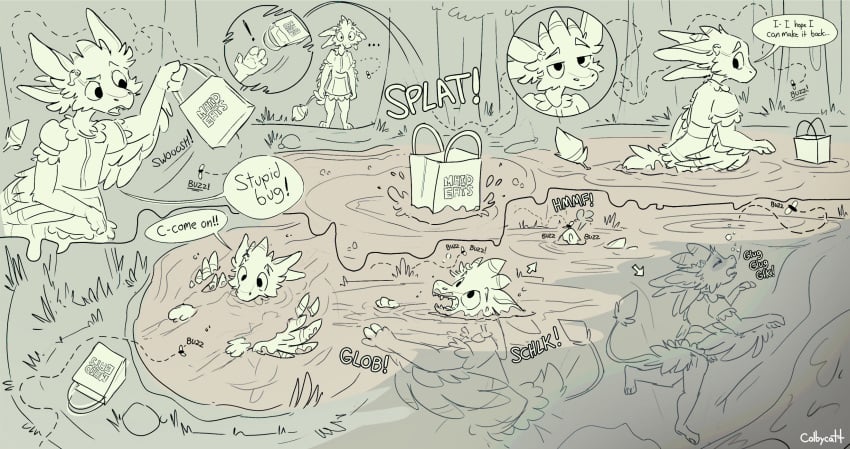 2023 ambiguous_gender anthro arthropod artist_name asphyxiation avali bad_end clothing colbycat death delivery_(commerce) delivery_employee dialogue digital_drawing_(artwork) digital_media_(artwork) drowning duo english_description english_text feral fly_(animal) fully_submerged hi_res insects maid_uniform motion_lines onomatopoeia partially_submerged peril sequence sinking sound_effects speech_bubble story story_in_description swamp text uniform