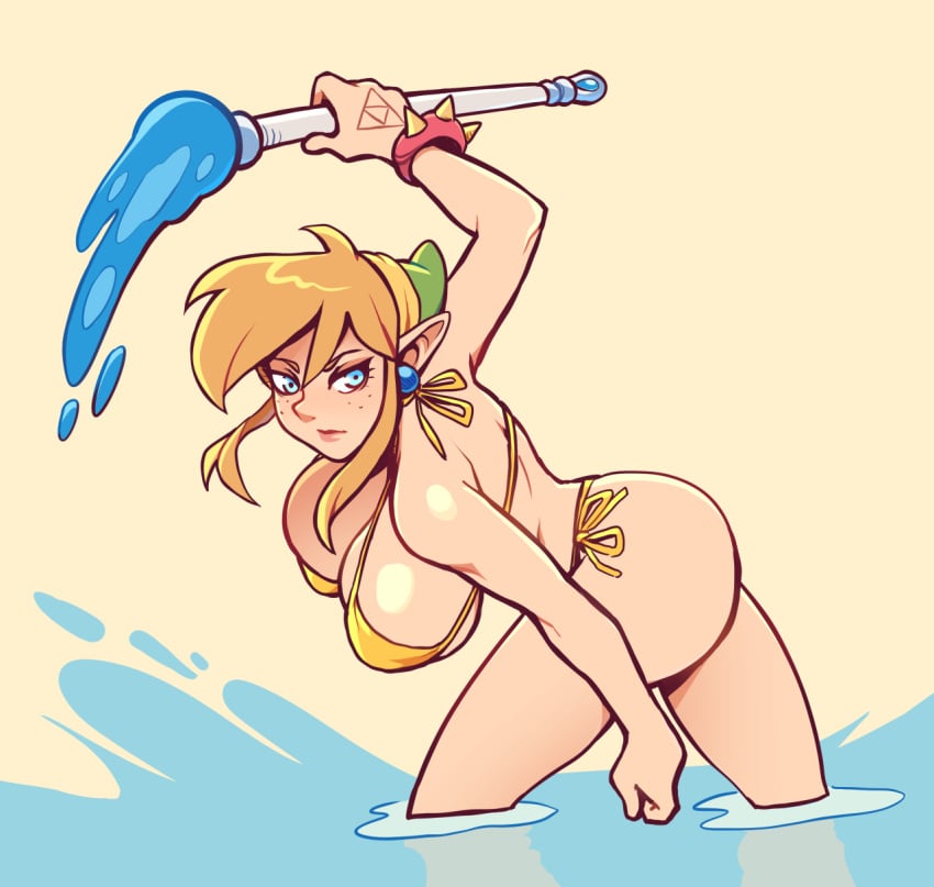 1girls 2d a_link_to_the_past ass big_ass big_breasts bikini blonde_hair blue_eyes bracelet breasts brellom cleavage earrings female female_link female_only freckles genderswap_(mtf) golden_bikini hat hi_res huge_breasts hylian light-skinned_female light_skin link link_(a_link_to_the_past) looking_at_viewer partially_submerged png pointy_ears ponytail rule_63 simple_background skindentation solo spiked_bracelet tattoo tattoo_on_hand the_legend_of_zelda water