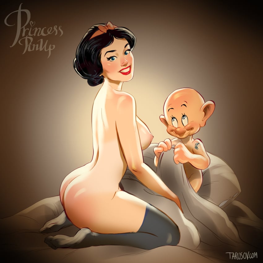 1boy andrew_tarusov artist_name ass bald bare_shoulders black_hair blue_eyes bow breasts covering disney disney_princess dopey_(snow_white) dwarf english english_text female hair_ornament hairband high_resolution hips human kneeling large_breasts legs legwear lips lipstick looking_at_viewer makeup male medium_breasts nipples nude princess red_bow red_hairband royalty short_hair sideboob signature simple_background size_difference smile snow_white_(disney) snow_white_and_the_seven_dwarfs stockings tattoo text thighhighs thighs topless very_high_resolution white_legwear white_stockings white_thighhighs