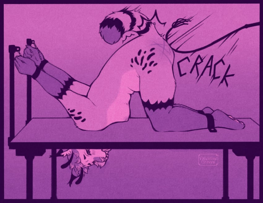 anthro ass_up breasts felid feline female hi_res hulder lynx mammal nipples pain pink_background purple_background restrained restraints simple_background solo submissive submissive_anthro submissive_female whip whip_mark whipping