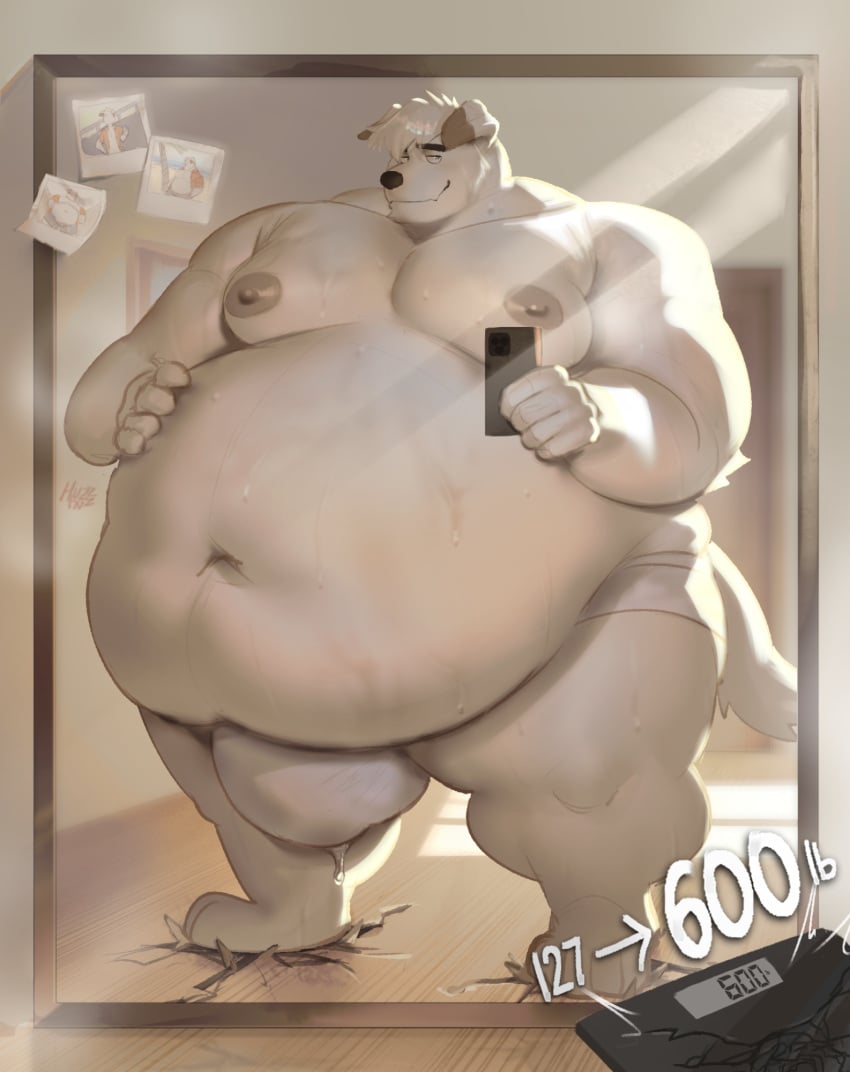 anthro areola bedroom_eyes before_and_after belly belly_overhang belly_rolls big_belly big_bulge bodily_fluids broken_floor broken_scale bulge canid canine canis clothed clothing deep_navel domestic_dog english_text fat_arms fat_rolls fit_to_fat fur genital_fluids hand_on_belly hi_res huge_belly huge_bulge huge_moobs huge_thighs huzzhuz implied_weight_gain leaking_precum male mammal mirror mirror_reflection mirror_selfie morbidly_obese morbidly_obese_male narrowed_eyes navel nipples obese obese_male overweight overweight_male precum precum_through_clothing reflection seductive selfie solo sweat text thick_thighs underwear underwear_only weighing_scale weight_gain wet wet_clothing white_body white_fur wide_hips