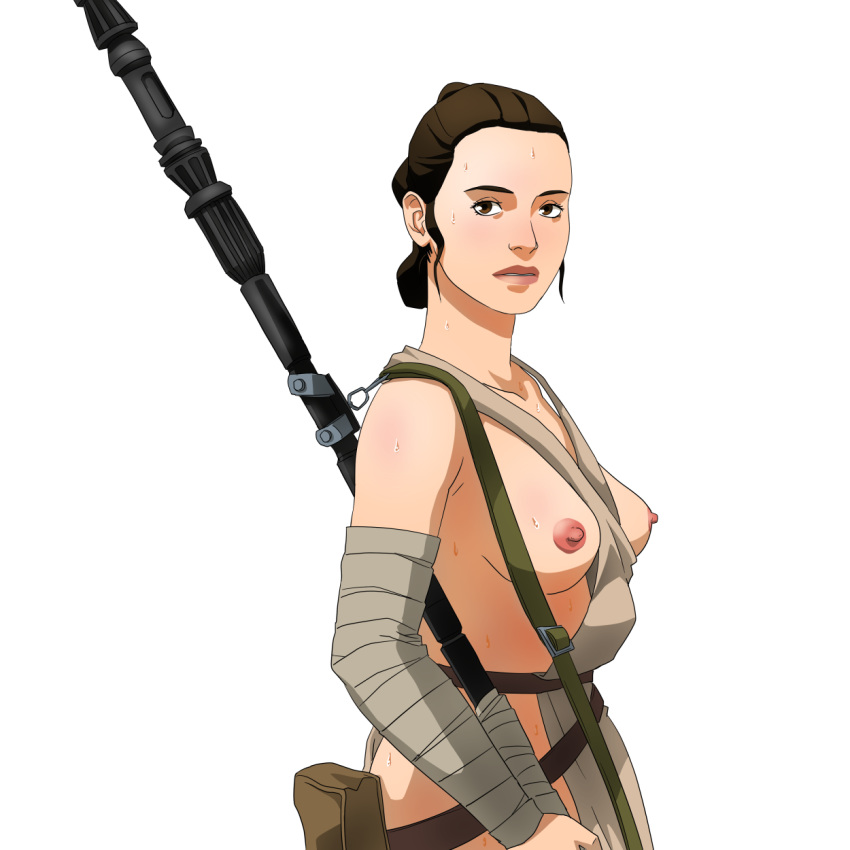 actress arm_warmers breasts breasts_out_of_clothes brown_eyes brown_hair celebrity daisy_ridley disney female female_only hair_bun high_resolution hips human legs long_hair looking_at_viewer medium_breasts nipples quarterstaff rey sideboob solo staff standing star_wars sweat sweaty the_force_awakens thighs tied_hair weapon