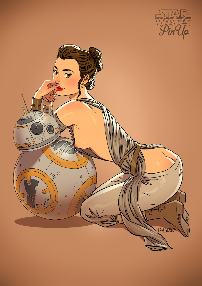 andrew_tarusov arm_warmers artist_name ass astromech_droid bb-8 boots breasts brown_boots brown_footwear brown_hair brown_shoes copyright_name dat_ass droid earrings english english_text female female_only footwear green_eyes hair_bun high_resolution hips human jewelry kneeling legs legwear lipstick long_hair looking_at_viewer makeup medium_breasts nipples rey robot shoes sideboob signature simple_background solo star_wars text the_force_awakens thigh_boots thighhighs thighs tied_hair very_high_resolution