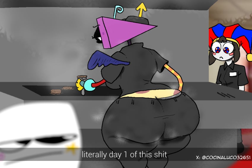 animate_inanimate antennae antennae_(anatomy) armpit_sweat artist_name ball_joints big_ass big_breasts big_butt black_bottomwear black_eyelids black_eyes black_eyeshadow black_neck black_pants black_shoes black_topwear black_uniform black_visor blue_eyes blue_hat blush_stickers breasts burger cheek_markings clothed cocinaluco32651 cooking drama_mask face_markings fast_food fast_food_restaurant fast_food_uniform fat_ass flipping_food for_a_head gangle_(the_amazing_digital_circus) giant_ass giant_butt glaring glaring_at_another glitch_productions gooseworx grey_pants half-closed_eyes hat heterochromia hourglass_figure humanoid humanoid_female jester jester_cap jester_girl jester_hat jitome kitchen living_mask living_toy looking_at_another manager_gangle milf milf_body mismatched_eyes multicolored_arms multicolored_body multicolored_eyes musk musk_clouds musky_ass musky_butt name_tag orange_arms pink_head pomni_(the_amazing_digital_circus) purple_wings red_arms red_eyes red_hat restaurant segmented_body single_wing skindentation snapchat solo_focus spatula spiral_marking spots spotted_body spotted_markings star_marking star_on_cheek striped_arms striped_markings stripes sweat sweatdrop sweating sweaty sweaty_armpits sweaty_ass sweaty_butt the_amazing_digital_circus tight_clothing toy_humanoid triangle_head twitter_link twitter_username two_tone_antennae two_tone_hat underwear white_body white_mask white_underwear yellow_antennae yellow_arms yellow_hands zooble_(episode_4) zooble_(the_amazing_digital_circus)