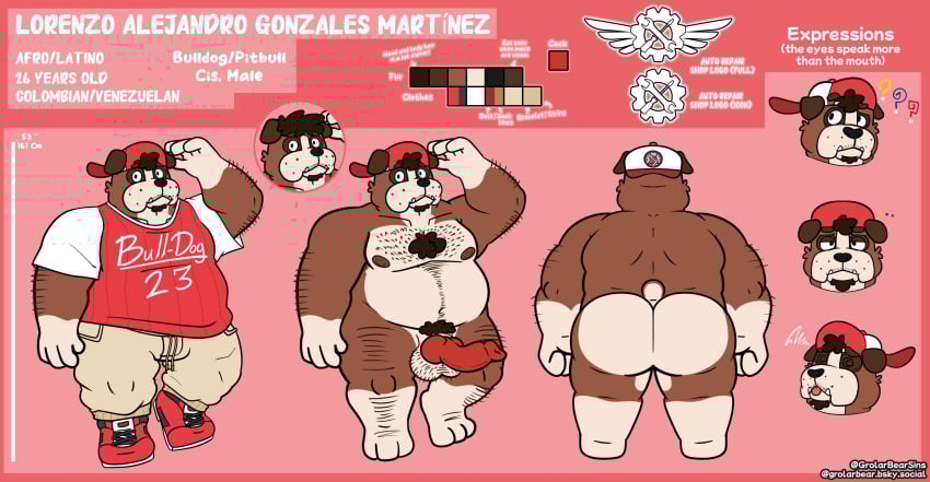 2025 animal_genitalia animal_penis anthro balls belly bottomwear canid canine canine_genitalia canine_penis canis clothing domestic_dog erection expression_sheet genitals grolarbearsins hat headgear headwear hi_res male mammal model_sheet moobs nipples overweight overweight_male pants penis shirt solo topwear